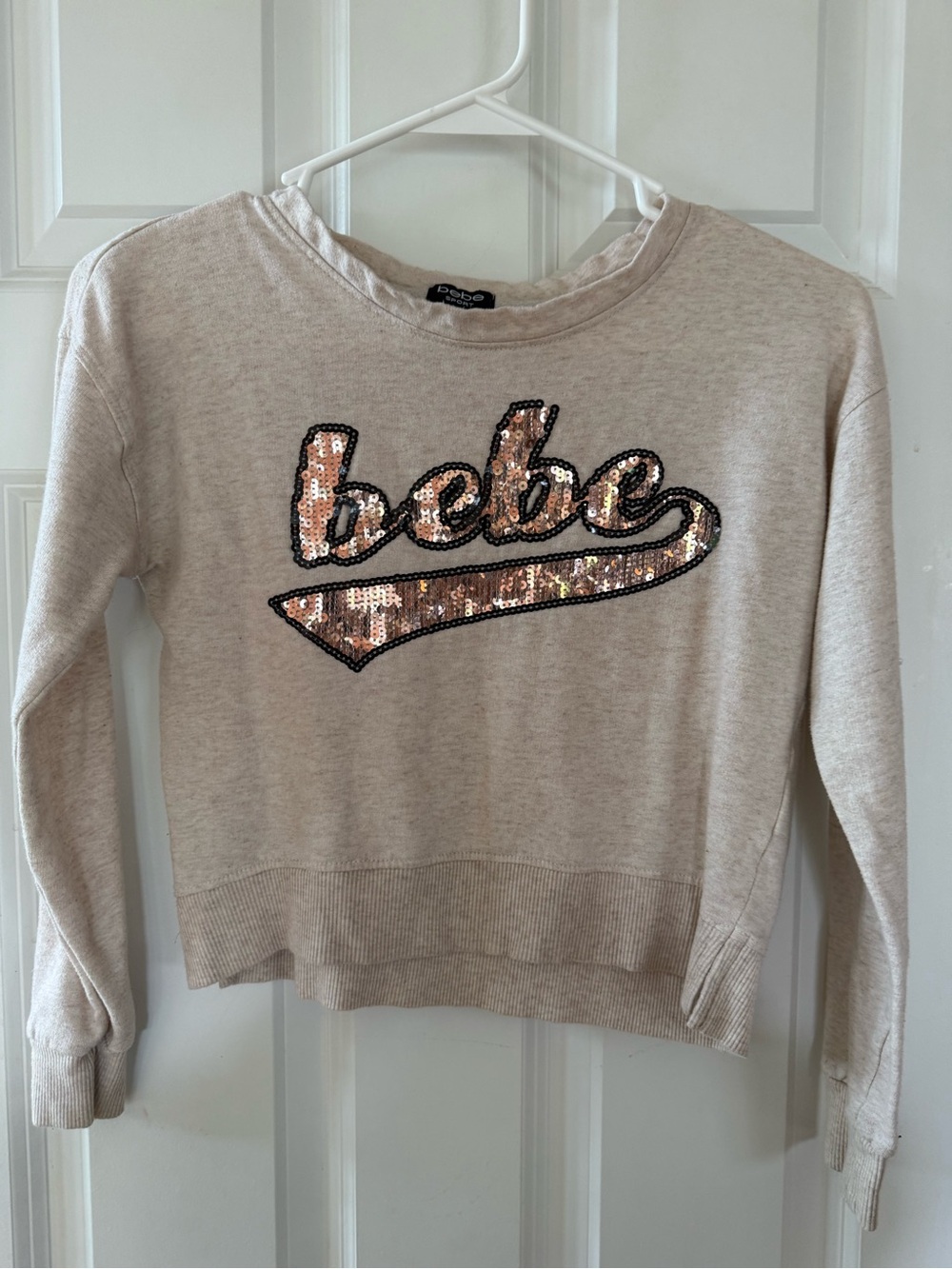 Girls/Kids bebe Sequin Logo Cream Sweater- size 10/12